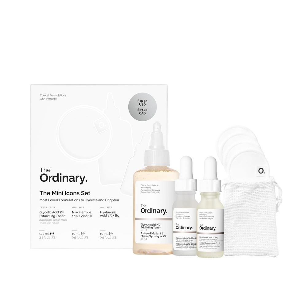 image:imageThe Ordinary The Mini Icons Set Travel Size Skin Care to Hydrate and Brighten Glycolic Acid 7 Exfoliating Toner Niacinamide 10 Zinc 1 Hyaluronic Acid 2 B5 4 Reusable Rounds